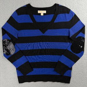 Michael Kors Sweater Womens Small S Blue Black Stripe V Neck Sequins Elbow Knit